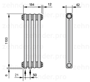 Схема (чертеж) Радиатор Zehnder Charleston 2110/4 №3370 Белый глянцевый RAL 9016